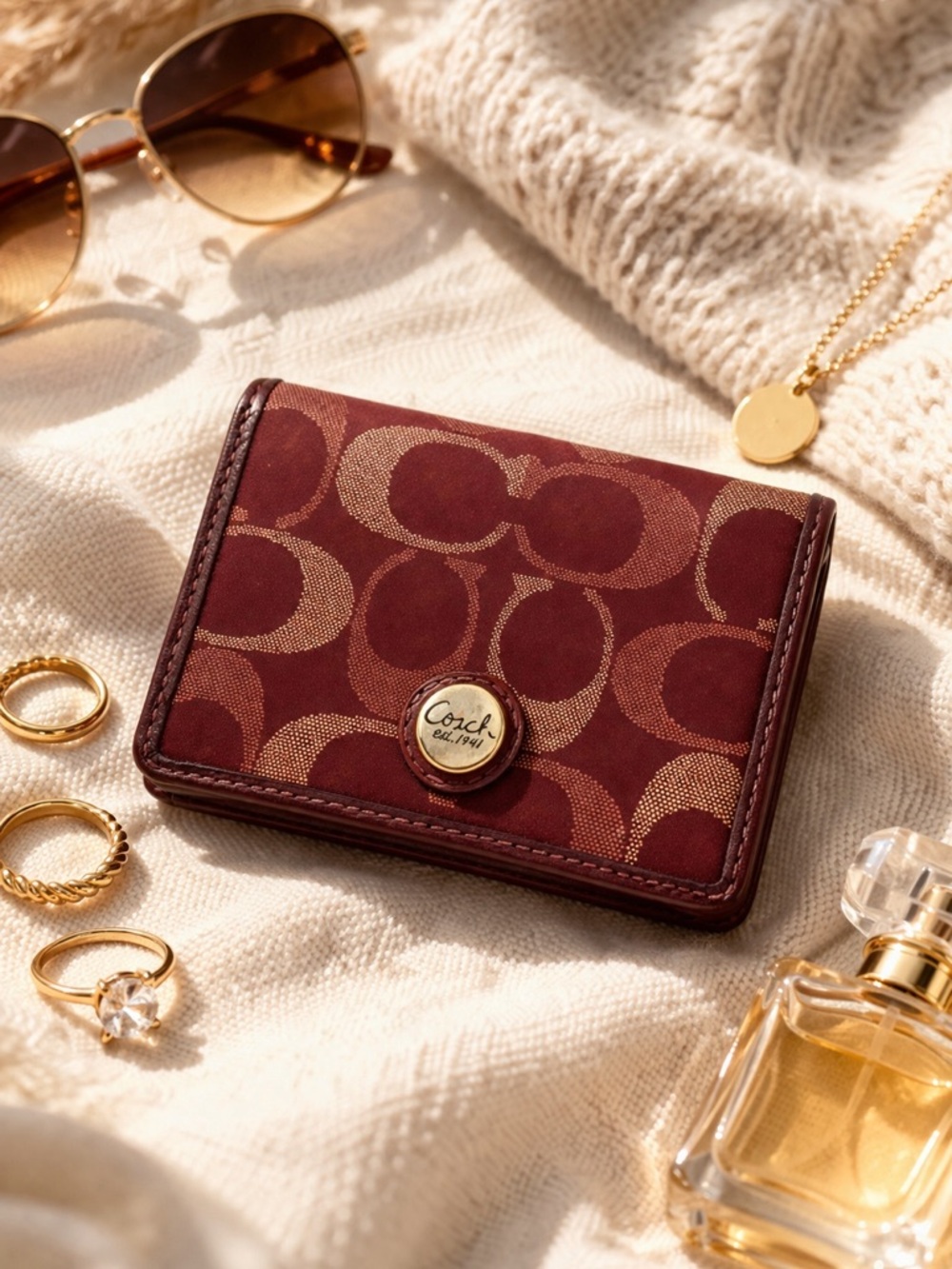 Coach Signature Burgundy Canvas Leather Wallet Mini Compact ID Holder - Picture 7 of 7